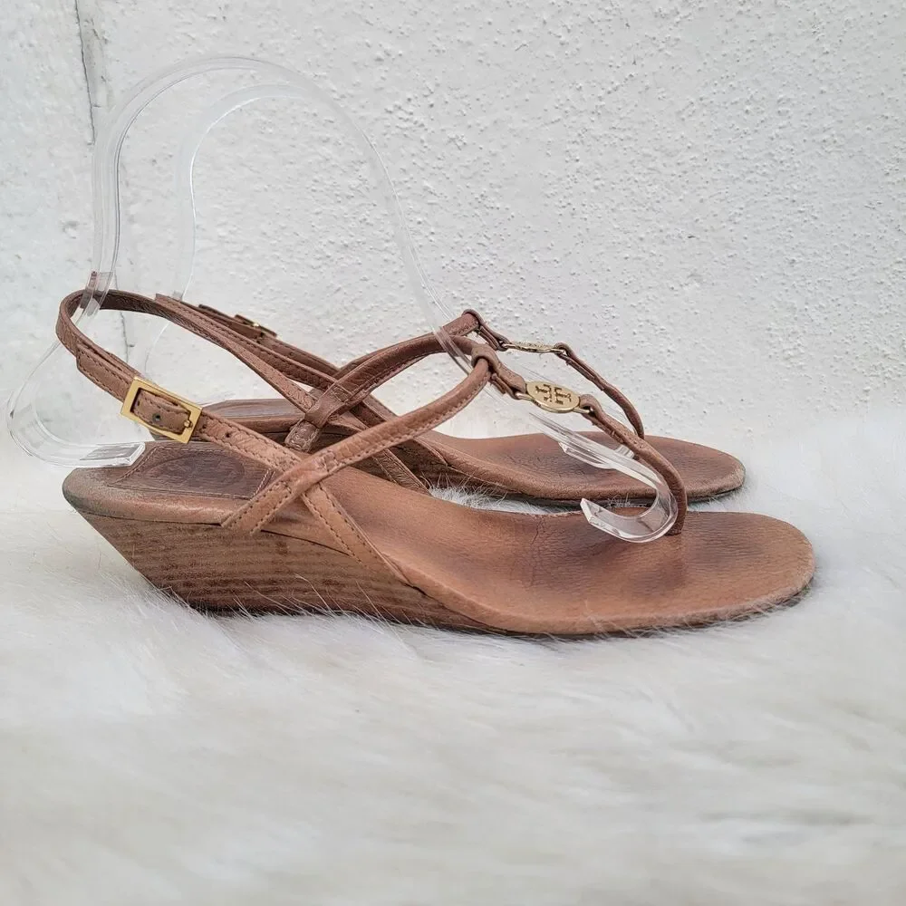 Tory Burch Emmy T-Strap Brown Leather Sandals Sz 6